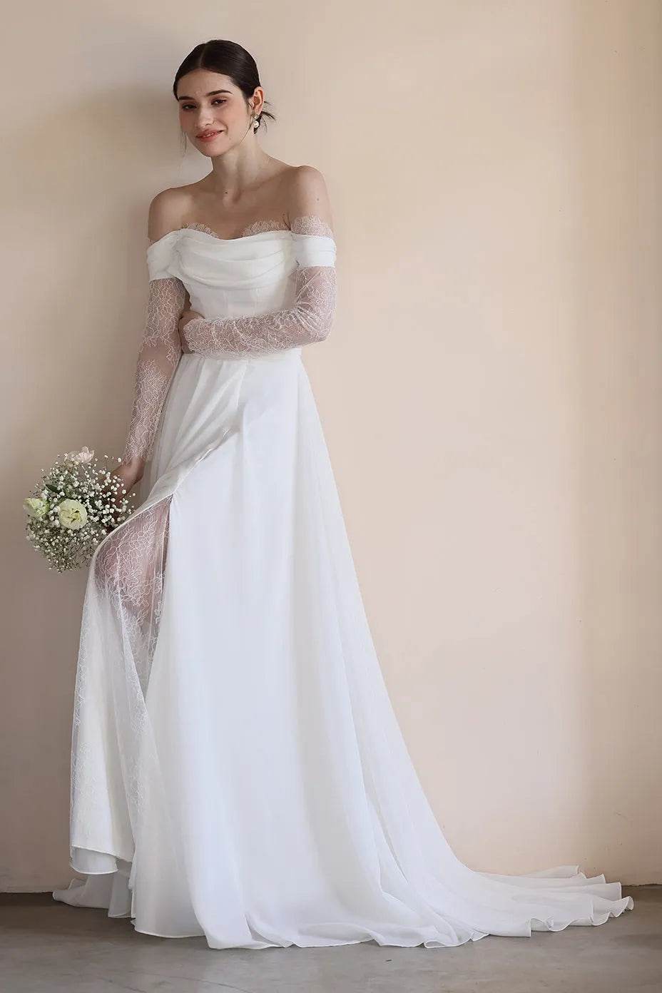 A-Line Sweep-Brush Train Lace Chiffon Wedding Dress CW3546 - COCOMELODY